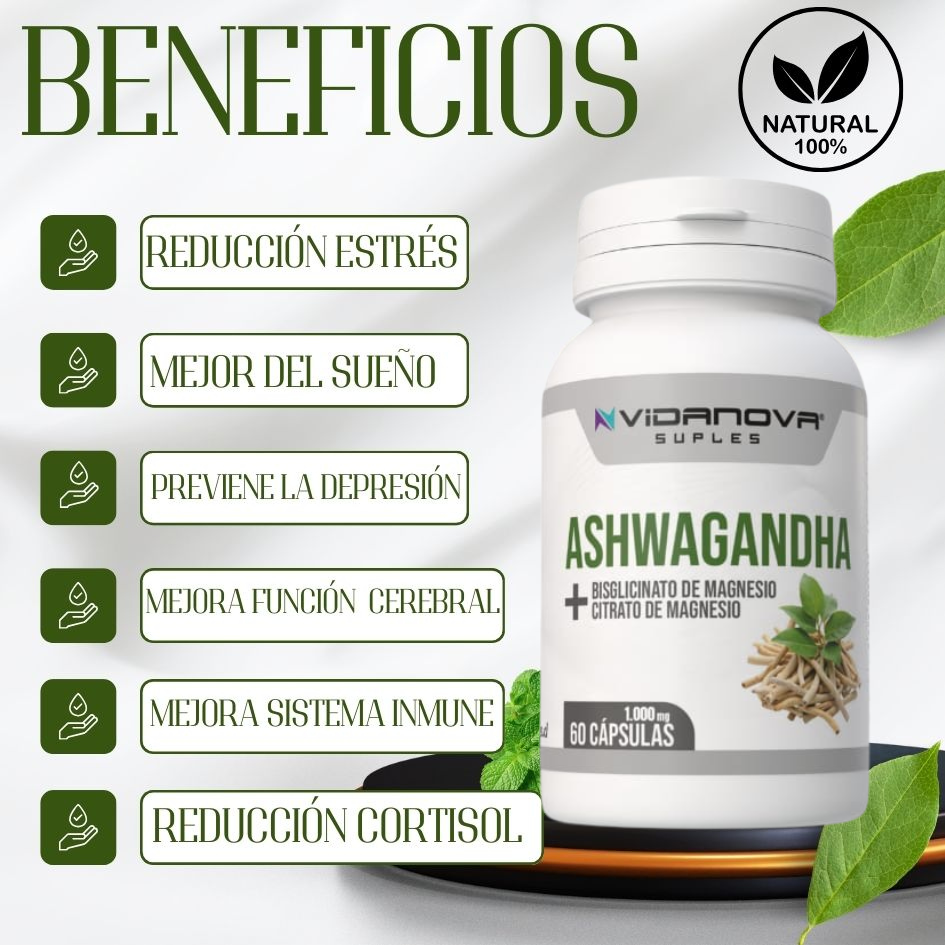 Adiós estrés,🍃ASHWAGANDHA + MAGNESIO 100mg 60caps + Guía Bienestar de regalo