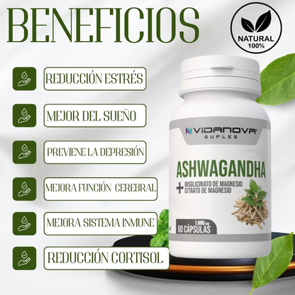 Adiós estrés,🍃ASHWAGANDHA + MAGNESIO 100mg 60caps + Guía Bienestar de regalo